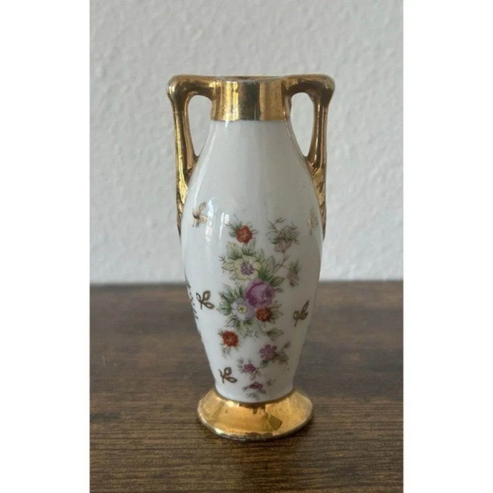 2-PC Vintage‎ Mini Vase Floral Gold Handle Numbered & Porcelain Pedestal Bowl